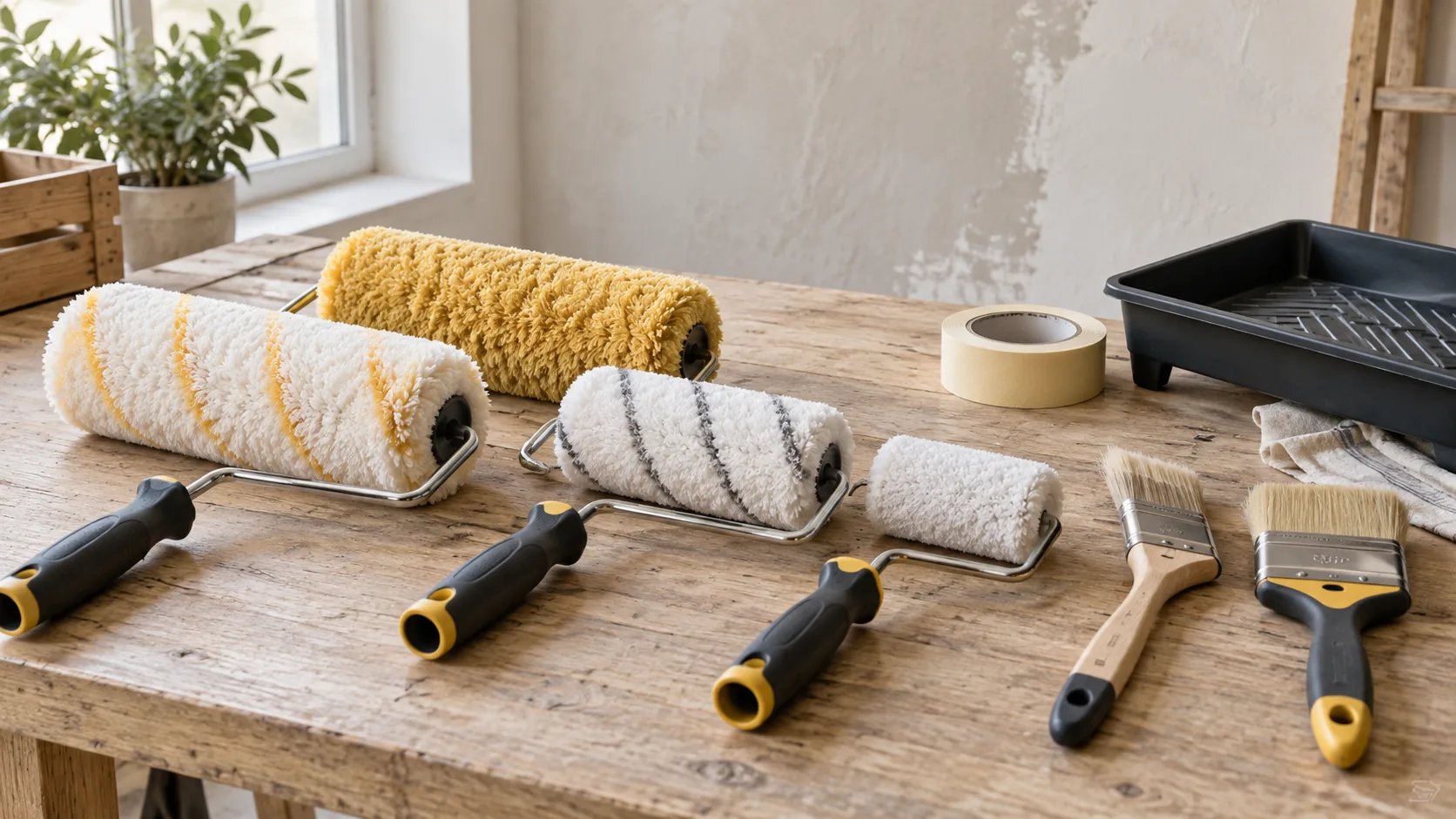 Rouleaux de textures différentes et pinceaux préparés pour un chantier peinture