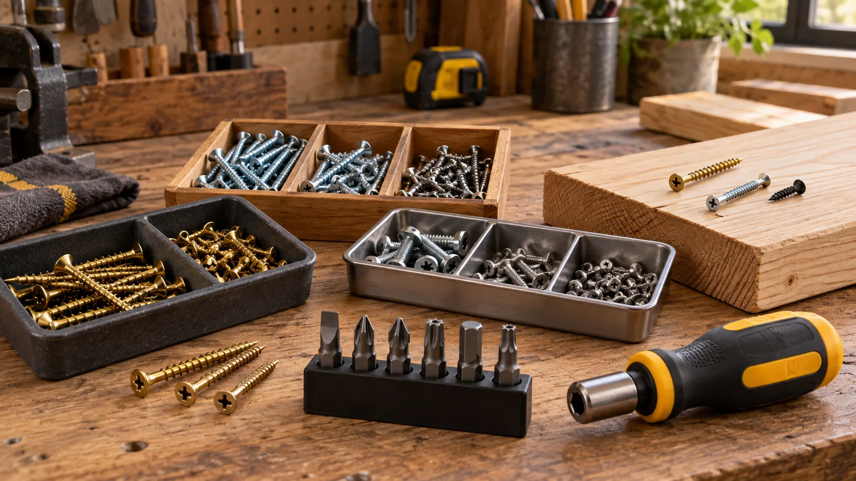 Vis et embouts de vissage de plusieurs formes triés sur un établi