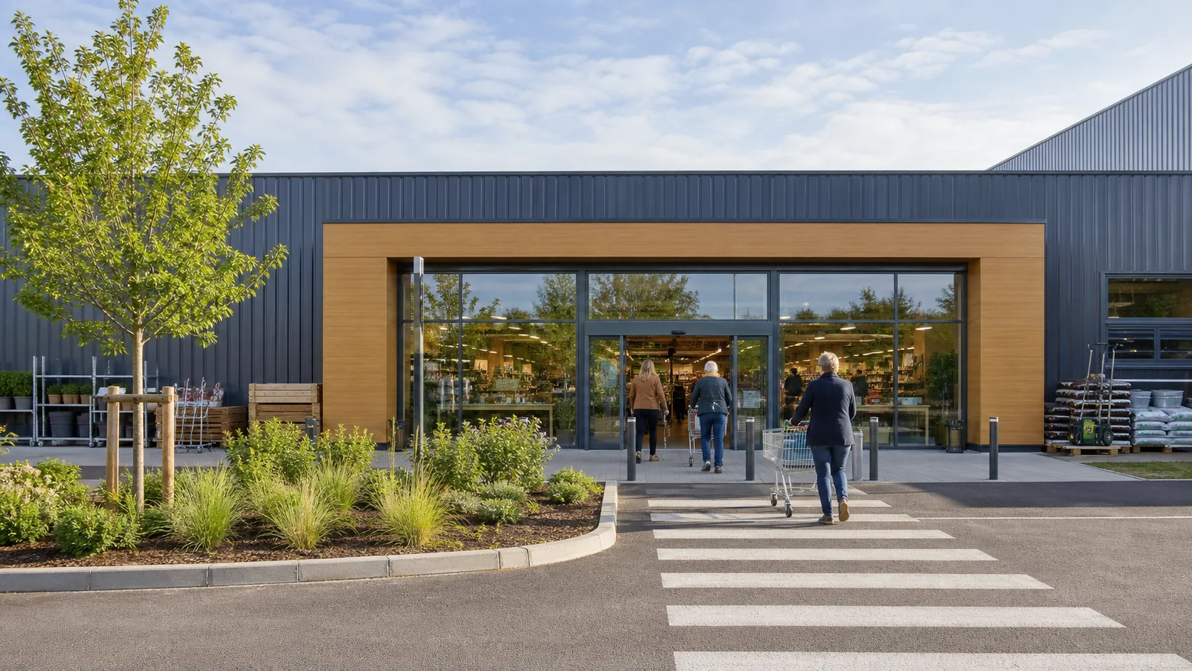 Illustration éditoriale d’un magasin de bricolage contemporain en France