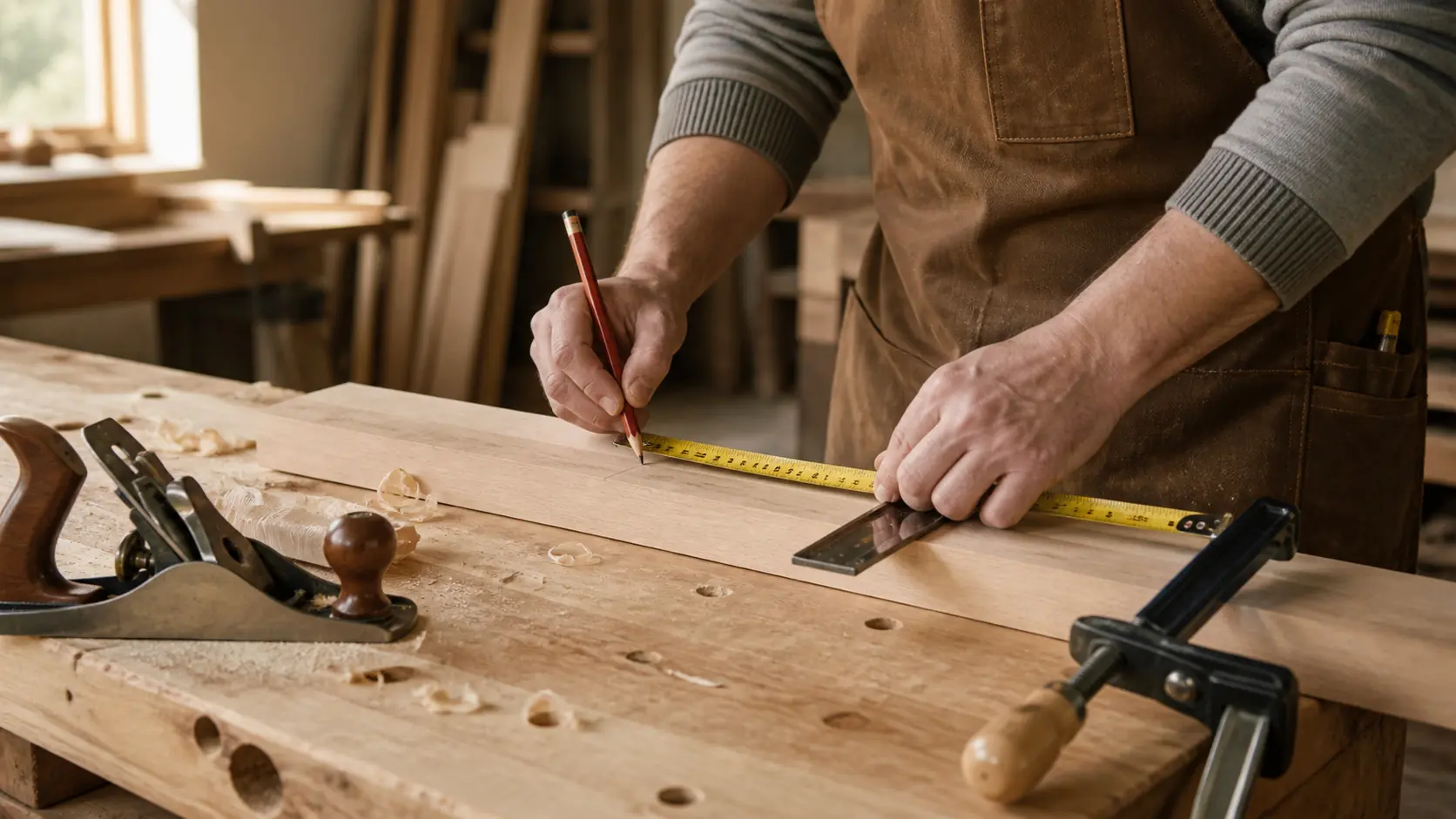 Mesure et tracé d’une planche sur un établi de bricolage
