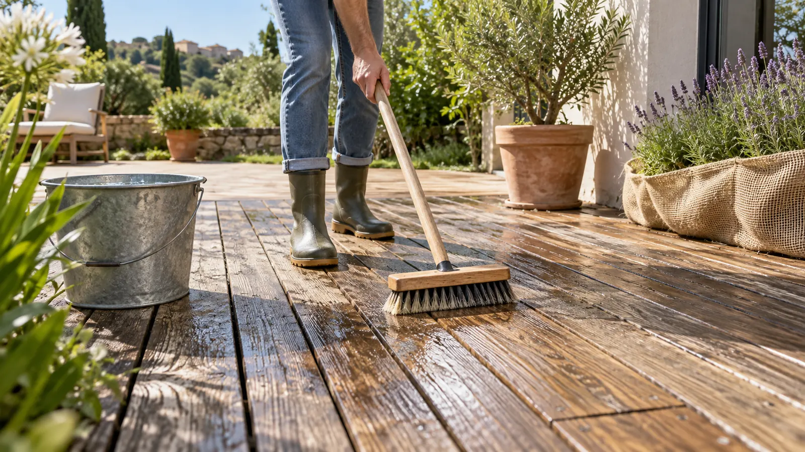 Lavage doux d’une terrasse en bois avec un balai-brosse