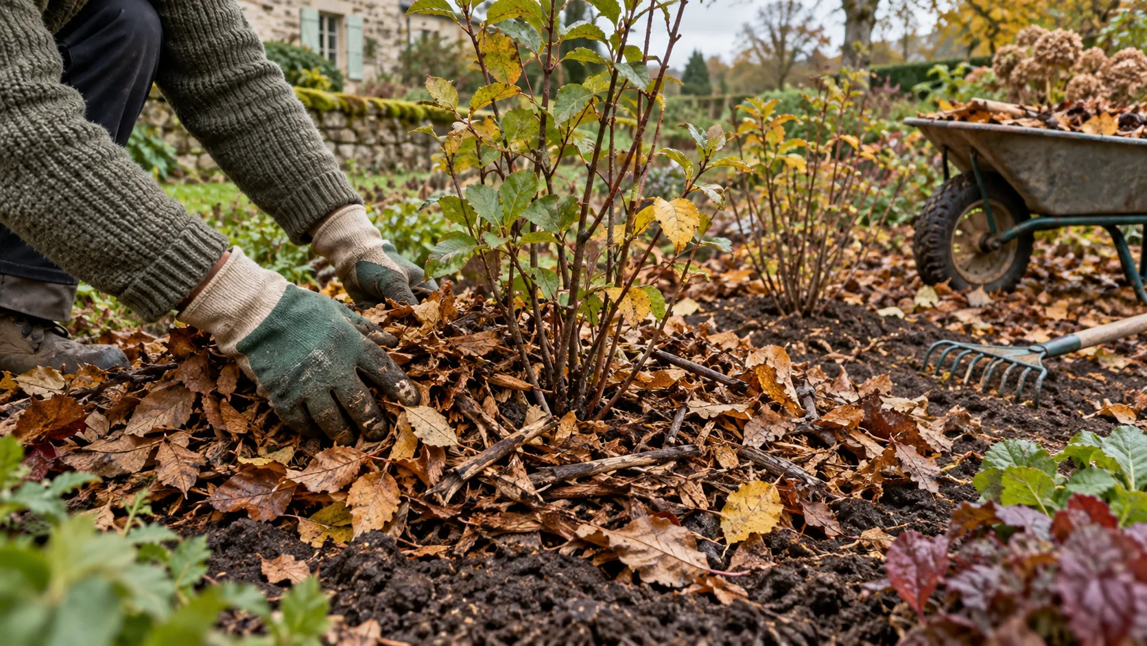 Feuilles mortes réparties autour de jeunes arbustes sans couvrir les tiges