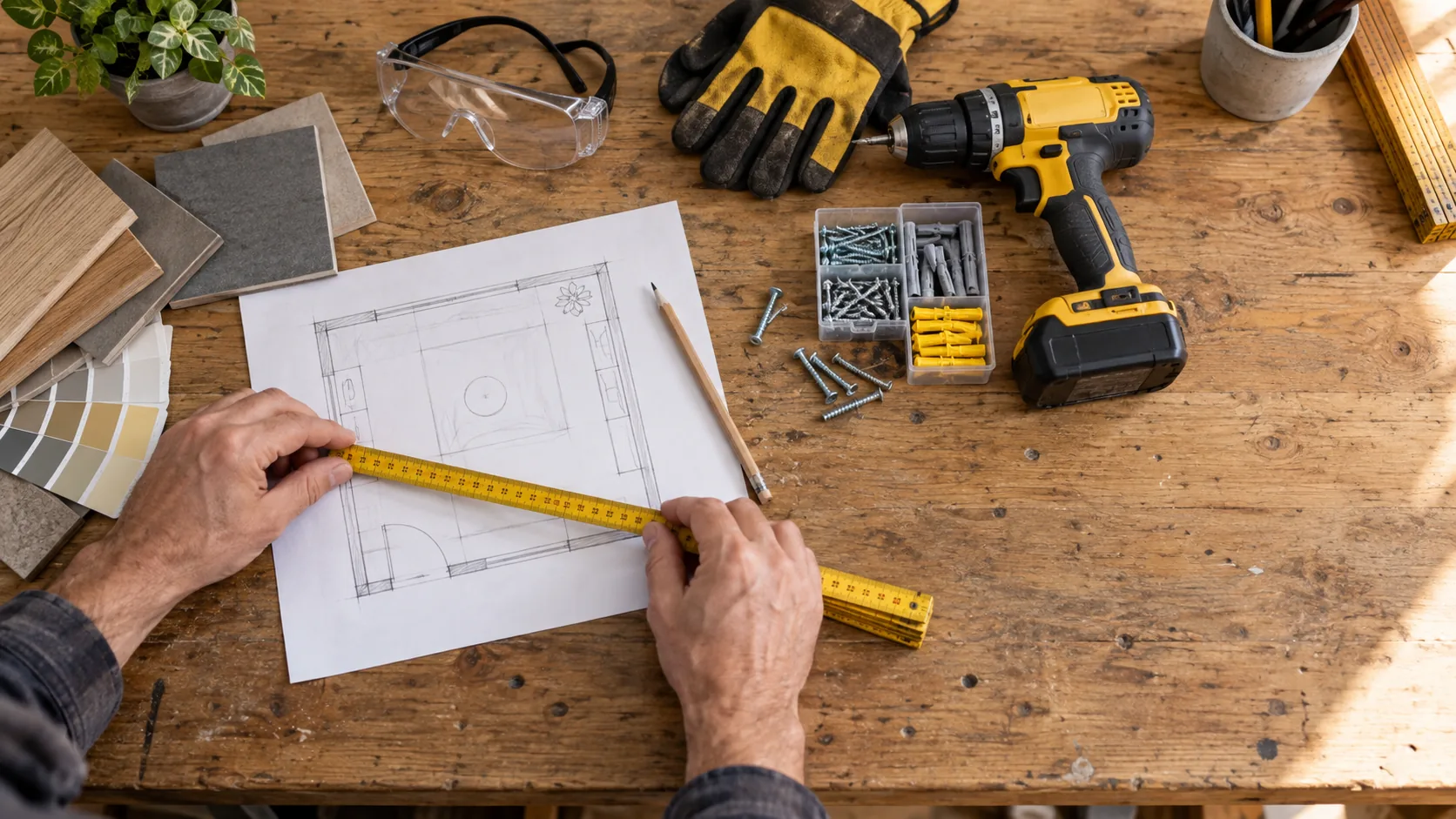 Projet de bricolage préparé sur un plan avec mètre, perceuse, fixations et protections