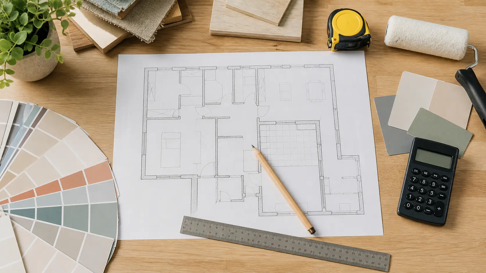 Plan de travail avec croquis, outils de mesure et matériaux préparés