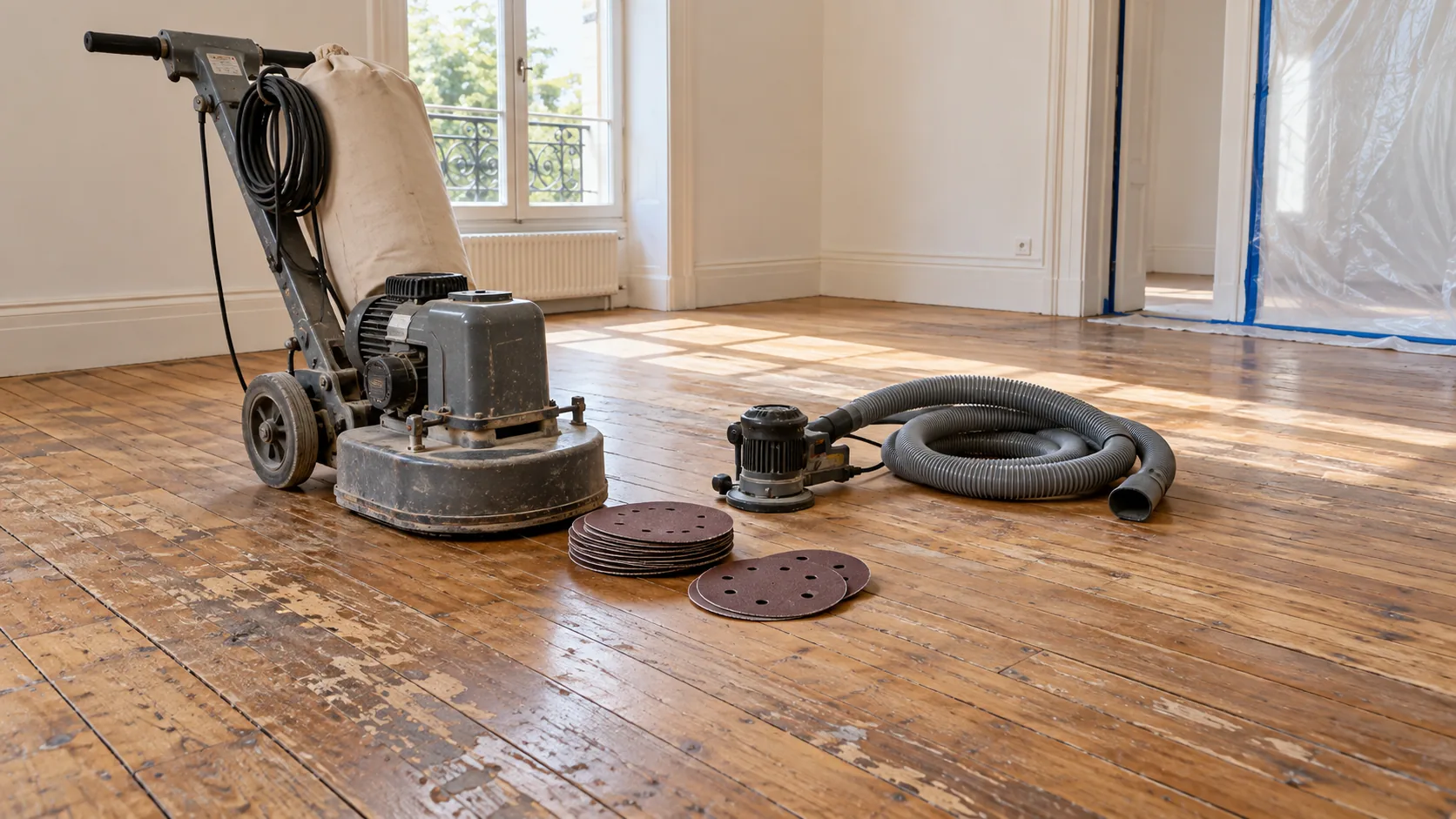 Ponceuse de parquet et bordureuse prêtes dans une pièce protégée