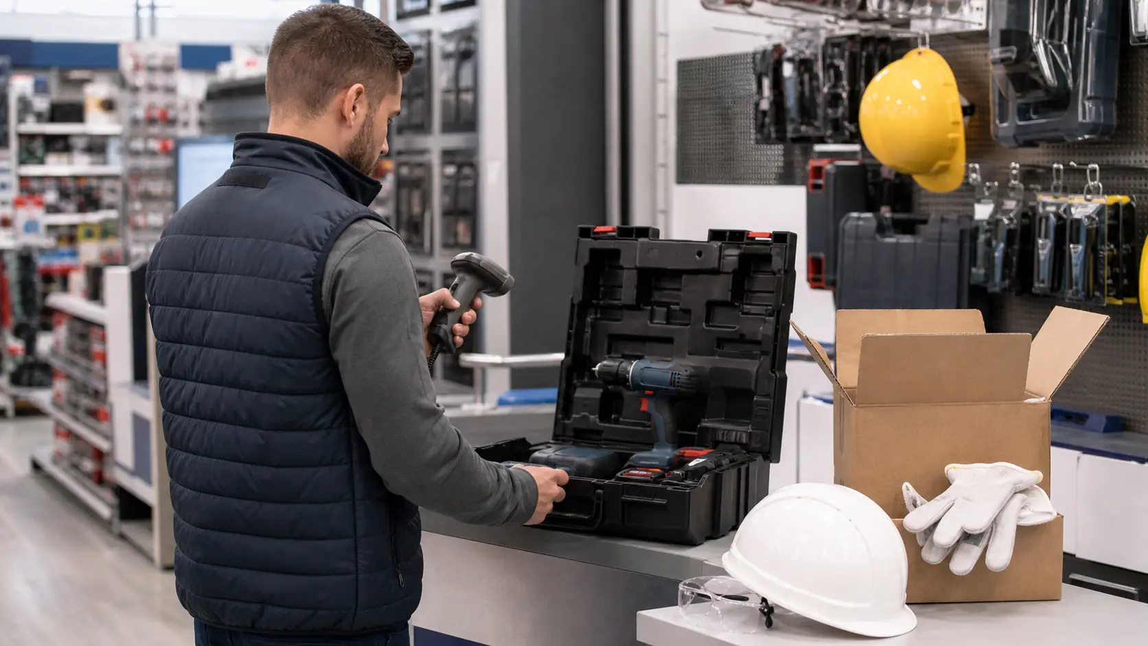 Employé préparant une commande d’outillage et des équipements de protection