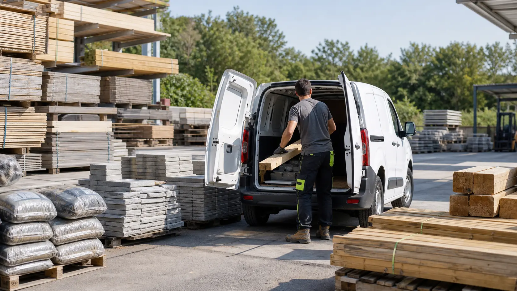 Chargement de matériaux de bricolage dans un utilitaire dans une cour de matériaux